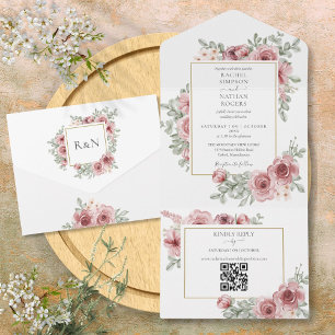 Blumiger Dusty Rose QR-Code-Hochzeit All In One Einladung
