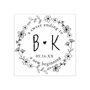 Blumiger handgezeichneter Kranz Monogramm Datum Ho Gummistempel