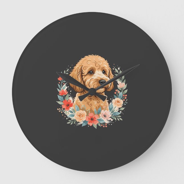 Blumiger Hund Rundes Sublimationsdesign Große Wanduhr (Vorderseite)