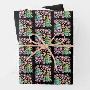 Blumiger Preppy-Weihnachtsbaum-Bogen Coquette Rosa Geschenkpapier Set