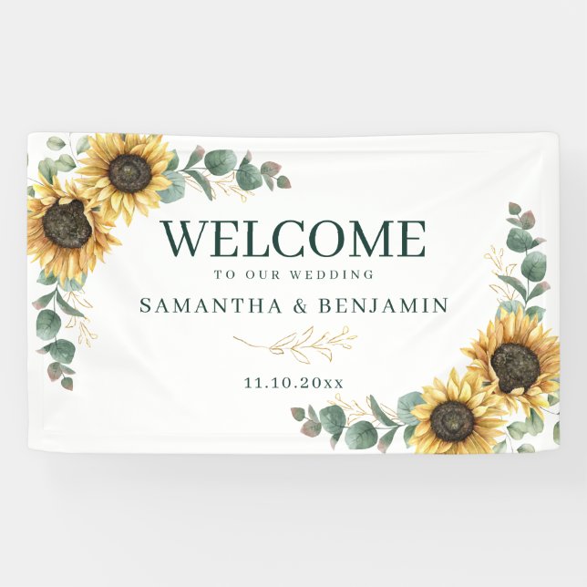 Blumiger Sonnenblumen-Eukalyptus-Script Hochzeitse Banner (Horizontal)