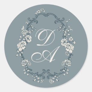 Blumiger Staubblauer Monogramm-Sticker Runder Aufkleber
