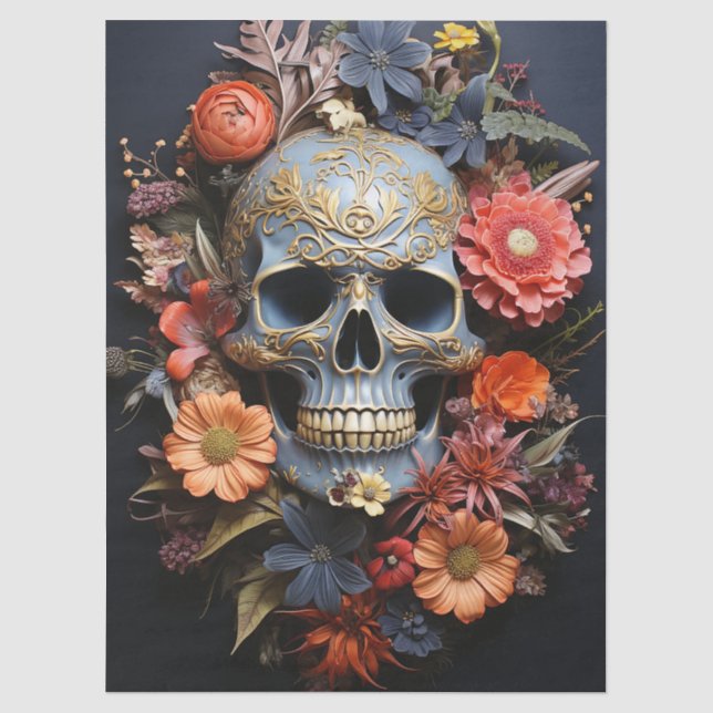 Blumiger Texturschädel in blauer Decoupage Seidenpapier (Vorderseite)