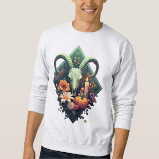 Blumiger Ziegen-Schädel mit Kürbis und Kerze Pixel Sweatshirt