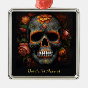Blumiger Zuckerschädel Dia de los Muertos Calavera Ornament Aus Metall