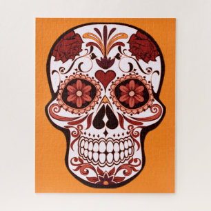Blumiger Zuckerschädel Tag der Toten Kunst Orange Puzzle