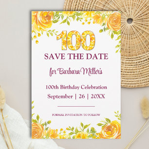 Blumiges 100. Geburtstagsjubiläum Elegante gelbe R Save The Date