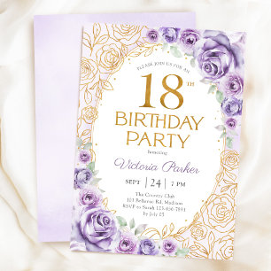 Blumiges 18. Geburtstags-Lila-Purple-Gold Einladung