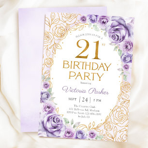 Blumiges 21. Geburtstags-Lila-Purple-Gold Einladung