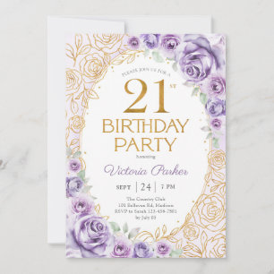 Blumiges 21. Geburtstags-Lila-Purple-Gold Einladung