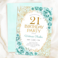Blumiges 21. Geburtstags-Turquoise-Gold