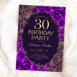Blumiges 30. Geburtstags-Design in Lila und Gold Einladung