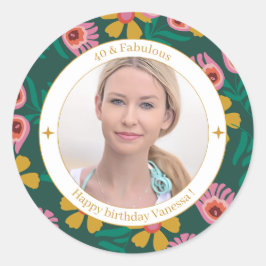 Blumiges 40. Geburtstagsfoto elegant feminin Runder Aufkleber