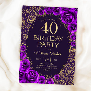 Blumiges 40. Geburtstagsjubiläum in Lila und Gold Einladung