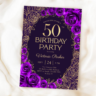 Blumiges 50. Geburtstagsjubiläum in Lila und Gold Einladung