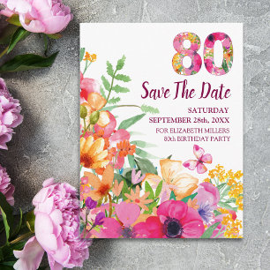 Blumiges 80. Geburtstags-Save-The-Date, Elegantes  Ankündigungspostkarte