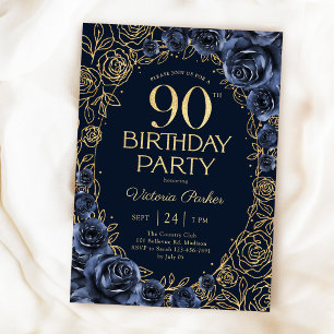 Blumiges 90. Geburtstags-Navyblau Gold Einladung