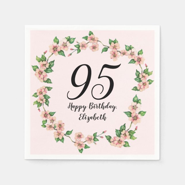 Blumiges 95. Geburtstags-Rosa-Blush Serviette (Vorderseite)