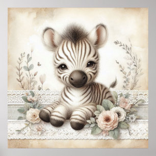 Blumiges Baby-Zebra-Kinderzimmer Poster