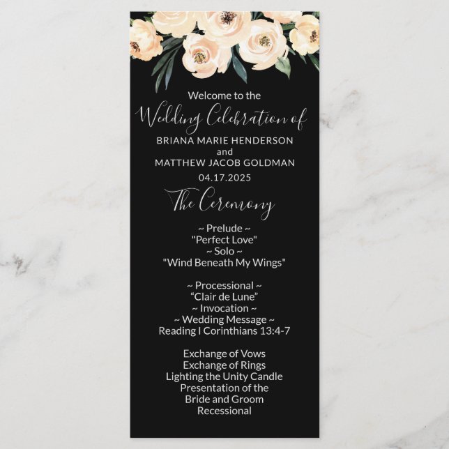 Blumiges Beige-Schwarzes Hochzeitsprogramm Programm (Vorderseite)