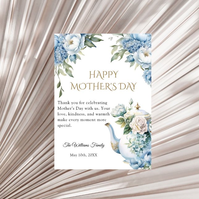 Blumiges Blaue Muttertags-Teeparty Dankeschön Karte (Elegant Blue Floral Teapot Mother's Day Thank you card)
