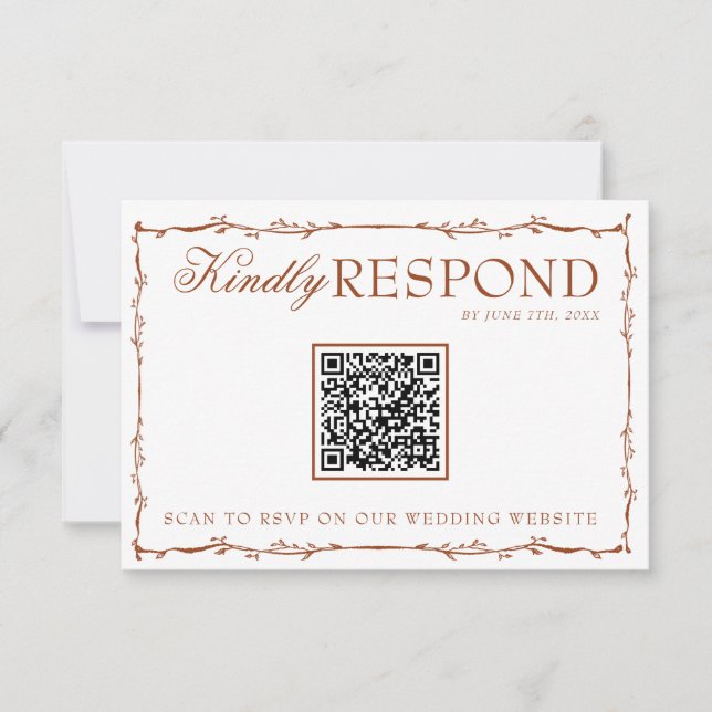 Blumiges Boho-Rost-Terrakotta-Erdiges QR-Code-Hoch RSVP Karte (Vorderseite)
