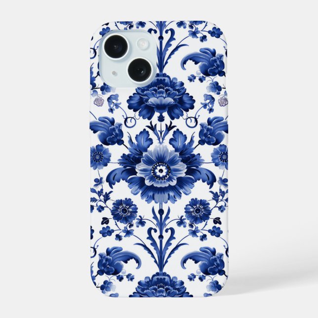 Blumiges Delft Blau iPhone 15 Hülle (Rückseite)