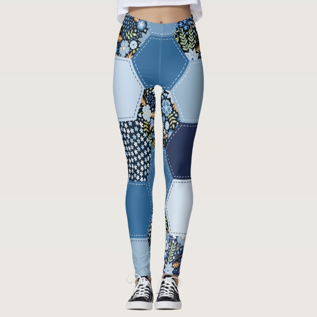 Blumiges, Denim-Patchwork: blaues Muster. Leggings (Vorderseite)