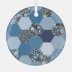 Blumiges, Denim-Patchwork: blaues Muster. Ornament Aus Glas