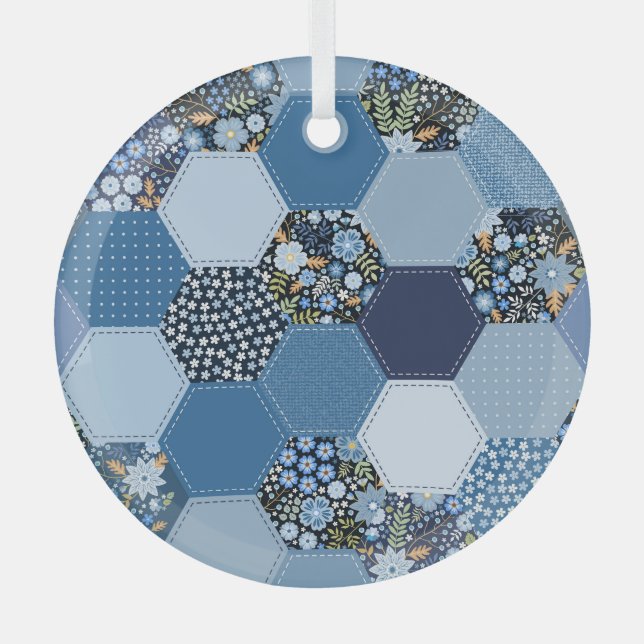 Blumiges, Denim-Patchwork: blaues Muster. Ornament Aus Glas (Vorderseite)