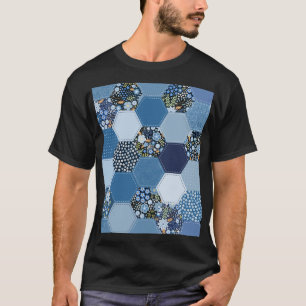 Blumiges, Denim-Patchwork: blaues Muster. T-Shirt