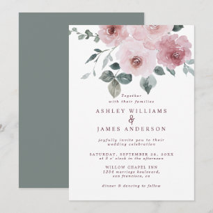 Blumiges Dusty Pink Rose Burgund Weinrote Hochzeit Einladung
