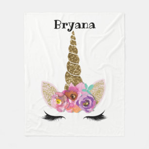 Blumiges Einhorn Gold Glitter Mädchen Funkeln Fleecedecke