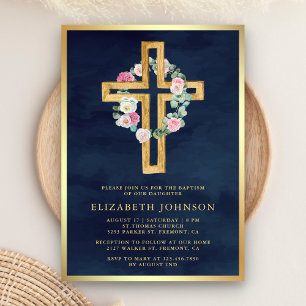 Blumiges Eukalyptus Holz Kreuz Navy Gold Taufe Einladung