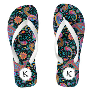 Blumiges farbenfrohes Paisley Weiß Akzent Monogram Flip Flops