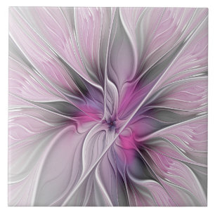 Blumiges Fraktal Modern Abstrakt Blume Pink Grau Fliese