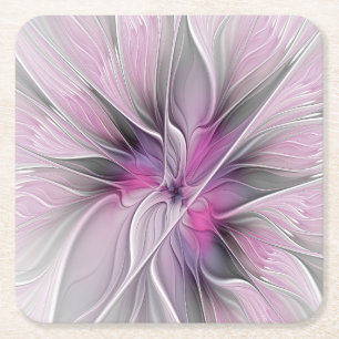 Blumiges Fraktal Modern Abstrakt Blume Pink Grau Rechteckiger Pappuntersetzer