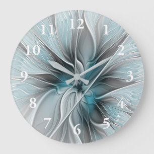 Blumiges Fraktal Modernes abstraktes Blumen Blau G Große Wanduhr