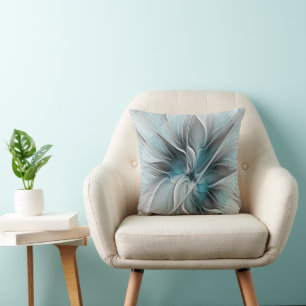 Blumiges Fraktal Modernes abstraktes Blumen Blau G Kissen