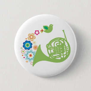 Blumiges französisches Horn-Musik-Geschenk Button