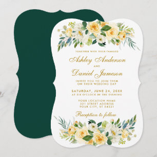 Blumiges Gelb Gold Weiß Jägergrün Hochzeit Einladung