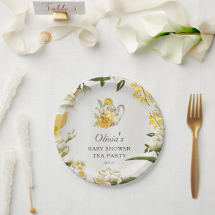 Blumiges Gelb Grün Tea Party Baby Shower Papier Pappteller