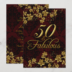 Blumiges Gold Dunkelrot 50 Fabelhafter Geburtstag Einladung