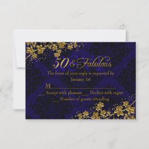 Blumiges Gold Königlich Blau 50 & Fantastische Geb RSVP Karte