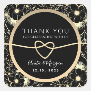 Blumiges Gold und Schwarz Hochzeit Danke Quadratischer Aufkleber