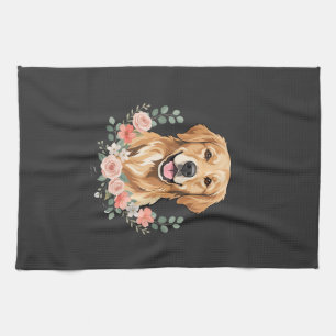 Blumiges Golden Retriever-Hund-Porträt Sublimation Geschirrtuch