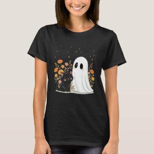 Blumiges Halloween-Gespenst Schwarze Katze Gruseli T-Shirt