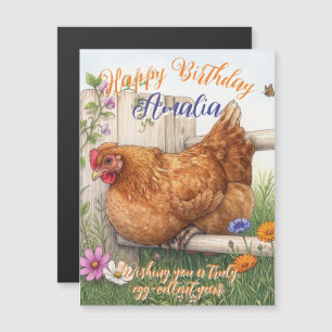 Blumiges Happy Chicken Brownie Landhaus Geburtstag Magnetkarte