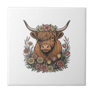 Blumiges Highland-Rind Vintage-Stichdesign_1 Fliese