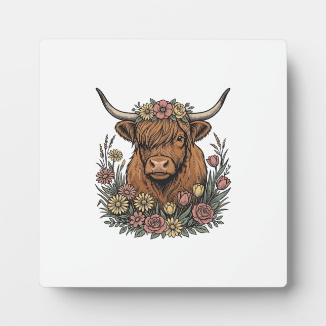 Blumiges Highland-Rind Vintage-Stichdesign_1 Fotoplatte (Vorderseite)